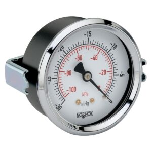  25-120-300-psi/kPa-BP3 1/4 NPT Back Conn 2.5 dry Panel Mount Gauge, 0.3 mm Brass Press Fit Orifice