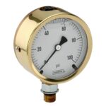  25-300-SST-2000-psi/bar-CFF-MIP-BT8 7/16-20 Bottom Conn, 2.5 Brass Case Gauge, Glycerin Filled, Maximum Indicating Pointer, Chrome Front Flange, 0.8 mm Brass Threaded Orifice