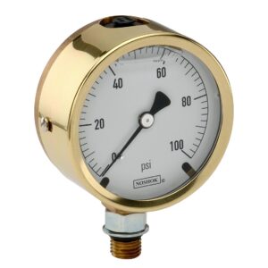  25-300-6000-psi/bar-SST-BT8 7/16-20 Bottom Conn, 2.5 Brass Case Gauge, Glycerin Filled, 0.8 mm Brass Threaded Orifice