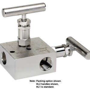  2604-FFS-P1 2 Valve Manifold, Hard Seat, 1/2 NPT Female x 1/2 NPT Female, (0.156” Orifice) 316 SS, PTFE Packing