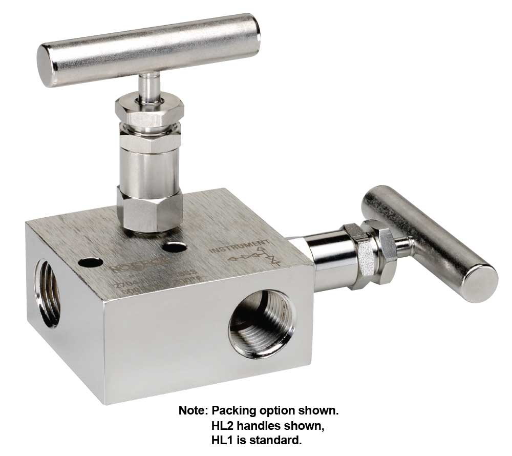 2604_Series_Manifold_LG 2604-FFS-P1 2 Valve Manifold, Hard Seat, 1/2 NPT Female x 1/2 NPT Female, (0.156” Orifice) 316 SS, PTFE Packing - Image 1