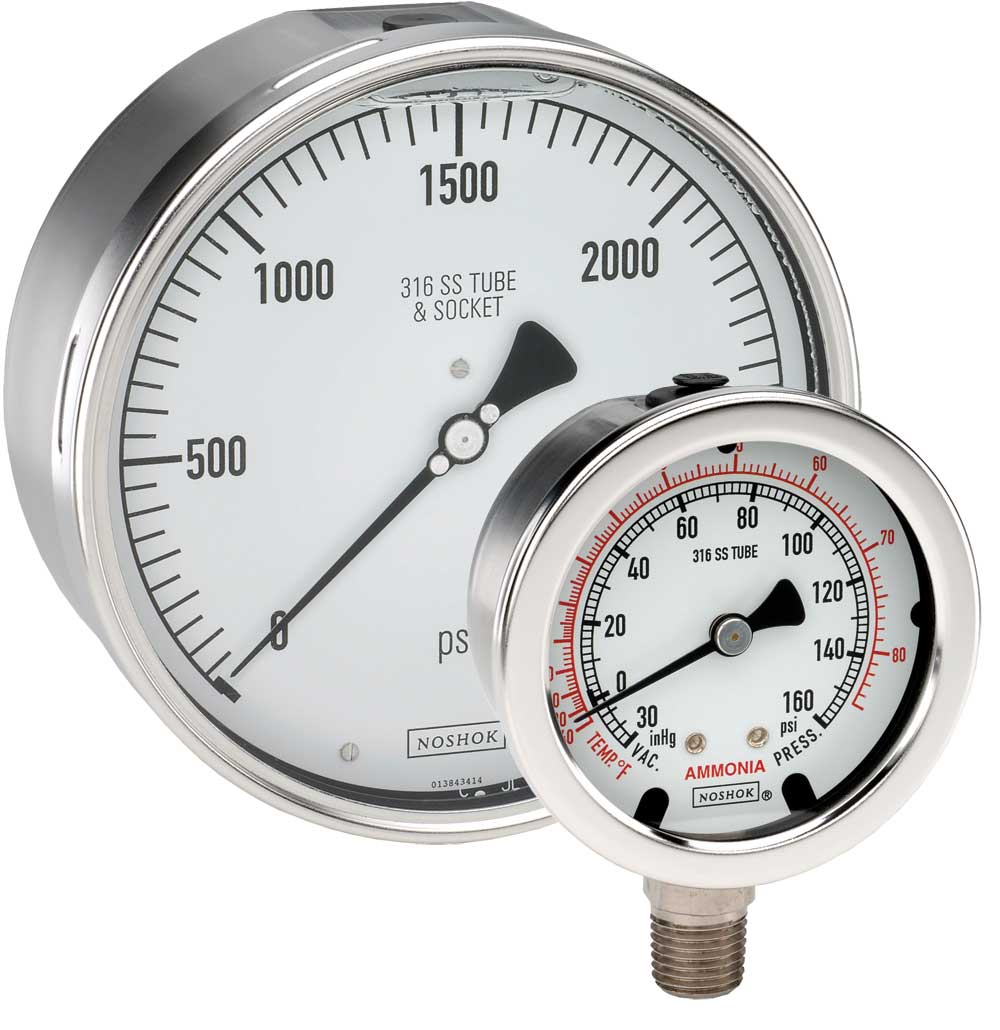400_500_Series_Gauge_Group_LG 25-410-5000-psi/bar-SP 1/4 NPT Back Conn, 2.5 Stainless Steel Gauge, Red Set Pointer - Image 1