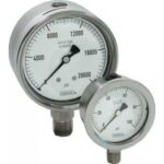  25-510-1500-psi/bar-SP-CC 1/4 NPT Back Conn, 2.5 Stainless Steel Gauge, Glycerin Filled, Red Set Pointer, Certified Calibration