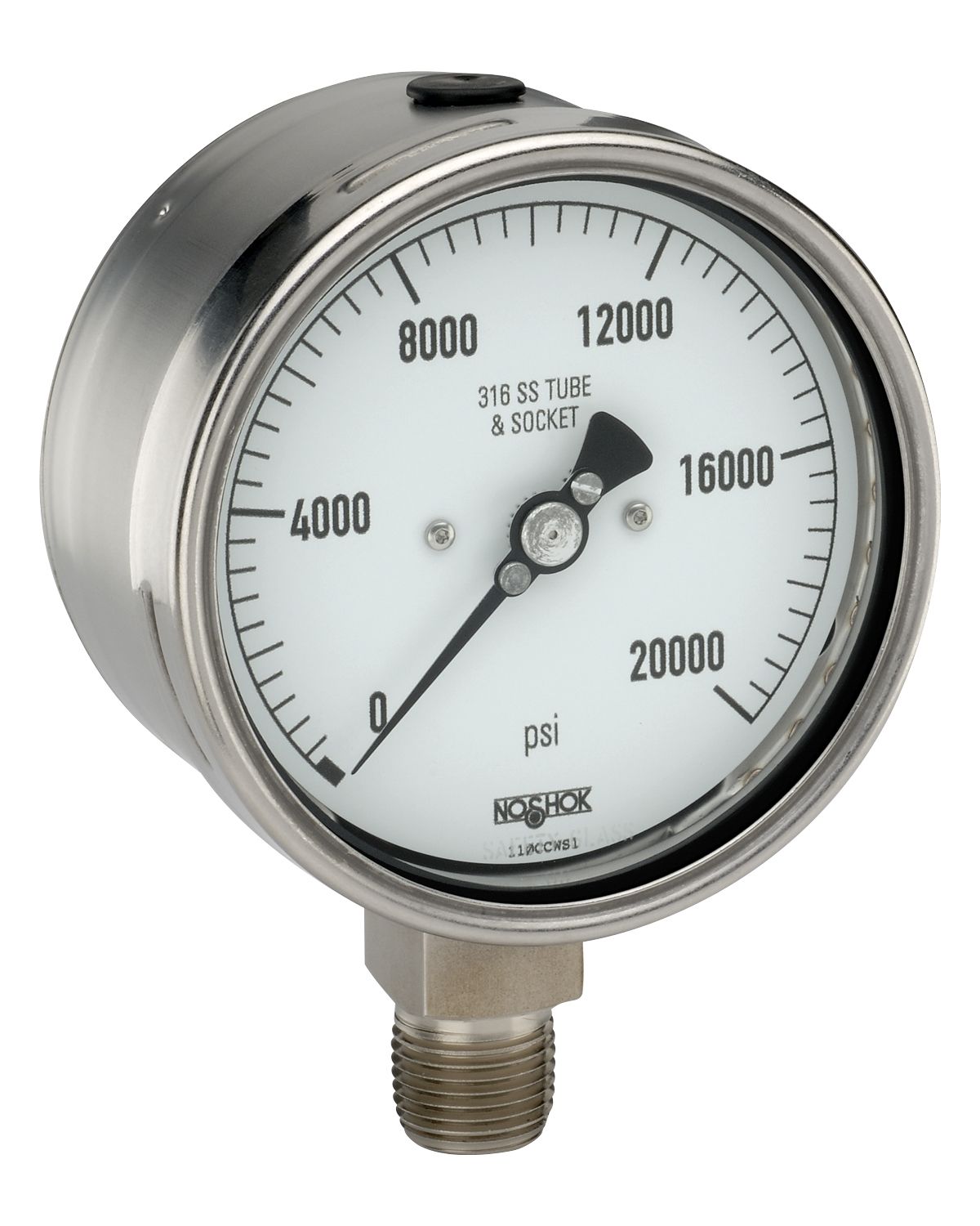 40_402_20000_psi 40-502-40000-PSI-MIP 9/16-18 UNF 2B high pressure cone 4 inch Liquid filled,Maximum Indicating Pointer bottom connection Extreme High Pressure Gauge - Image 1