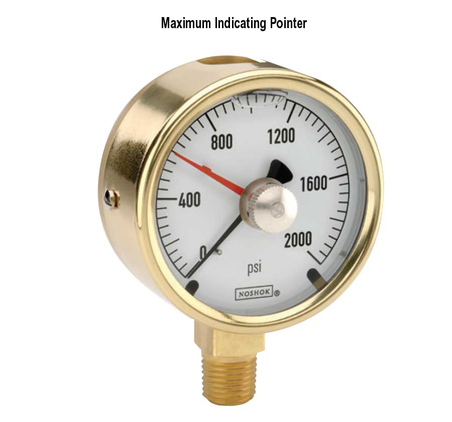 maximum_indicating_pointer_25-300-2000MIP_LG 25-300-1500-psi/bar-MIP-BT8 1/4 NPT Bottom Conn, 2.5 Brass Case Gauge, Glycerin Filled, Maximum Indicating Pointer, 0.8 mm Brass Threaded Orifice - Image 1