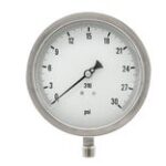 Pic Gauges 6001-2LB PRESSURE GAUGE, 6" DIAL, 0/15 PSI, 1/2" LOWER MOUNT, STAINLESS STEEL CASE, 316SS INTERNALS, DRY/FILLABLE, LAMINATED SAFETY GLASS